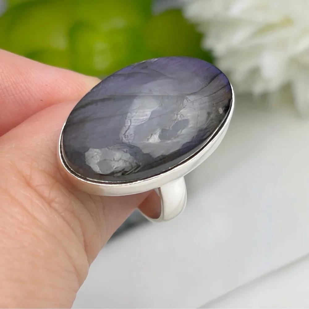 Purple Labradorite Ring Size 7 1/4 7.25 Pure Sterling Silver 925 Boho New